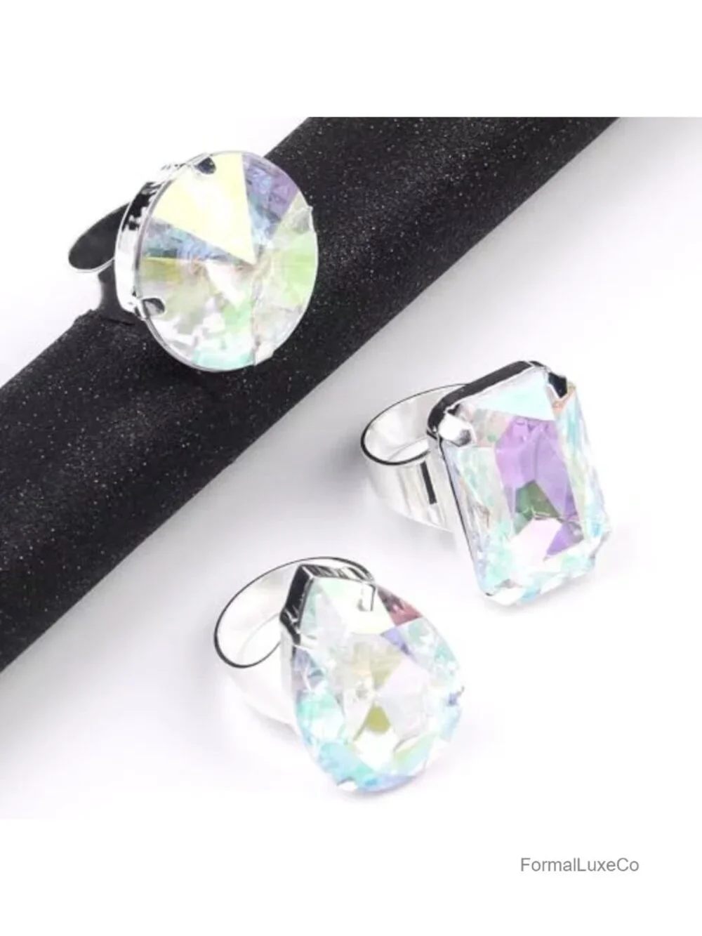 Oversized Crystal Statement Ring Set Adjustable Silver Tone Cocktail Jewelry